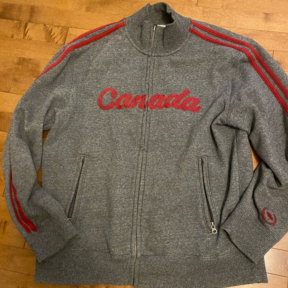 Roots Gray and Red Zip Up Sweater